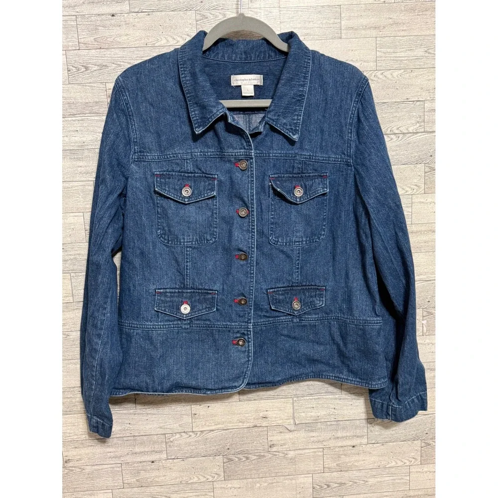 Christopher & Banks Womens‎ Medium Wash Denim Trucker Jacket Red Stitch Size L